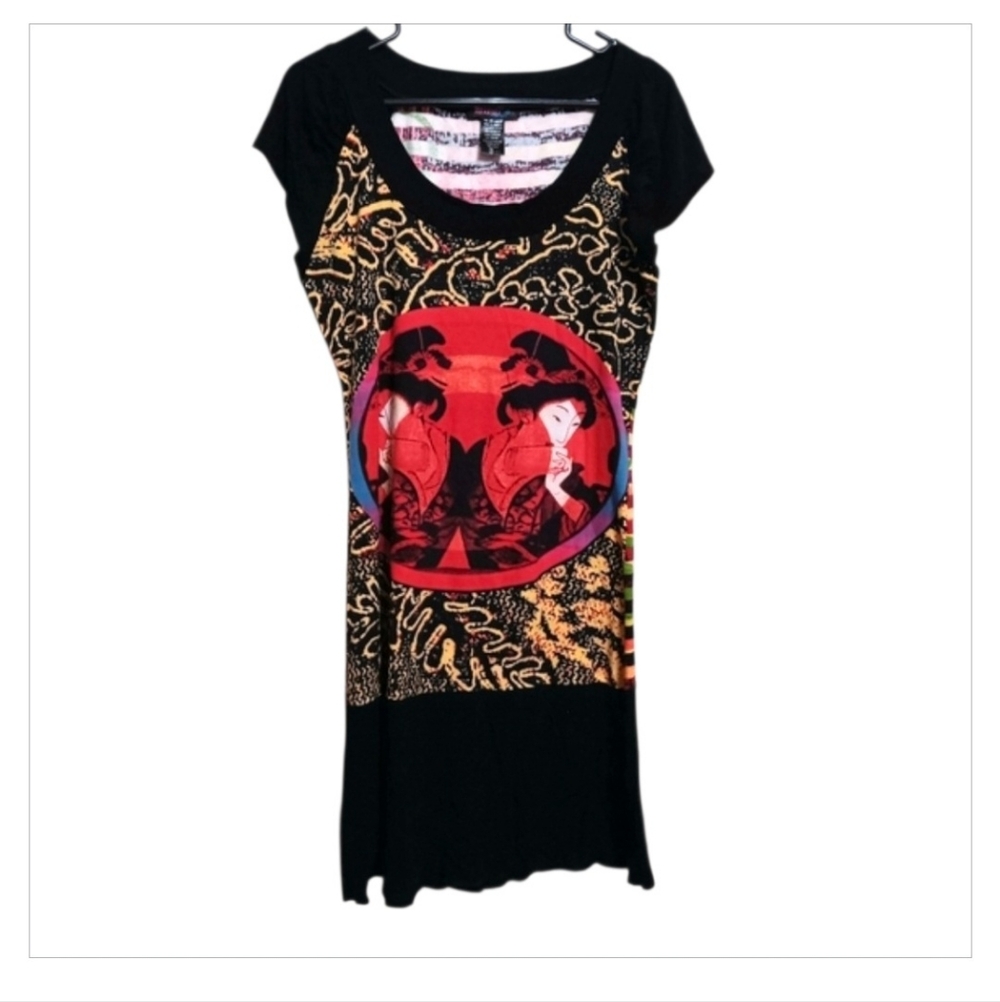 Mureli Black Red Jersey Knit Geisha Print Dress